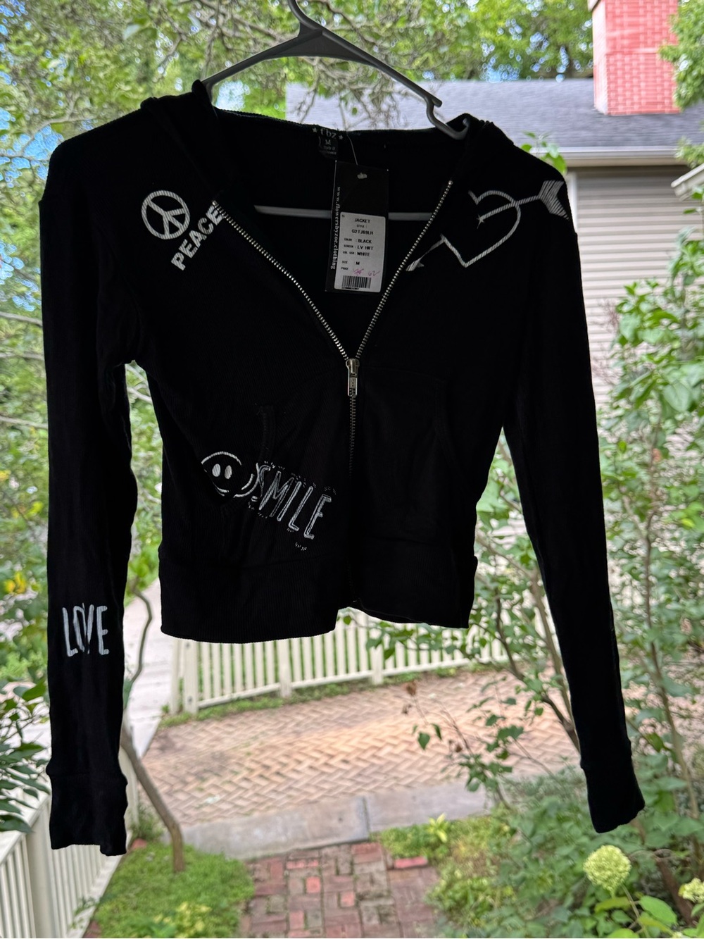 Flowers by Zoe Black Zip Hoodie with White Peace Love Smile Graphics